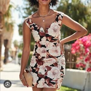 Express Ruched Mini Floral Dress Linen Scoop Neck Black Dusty Rose Romantic XS